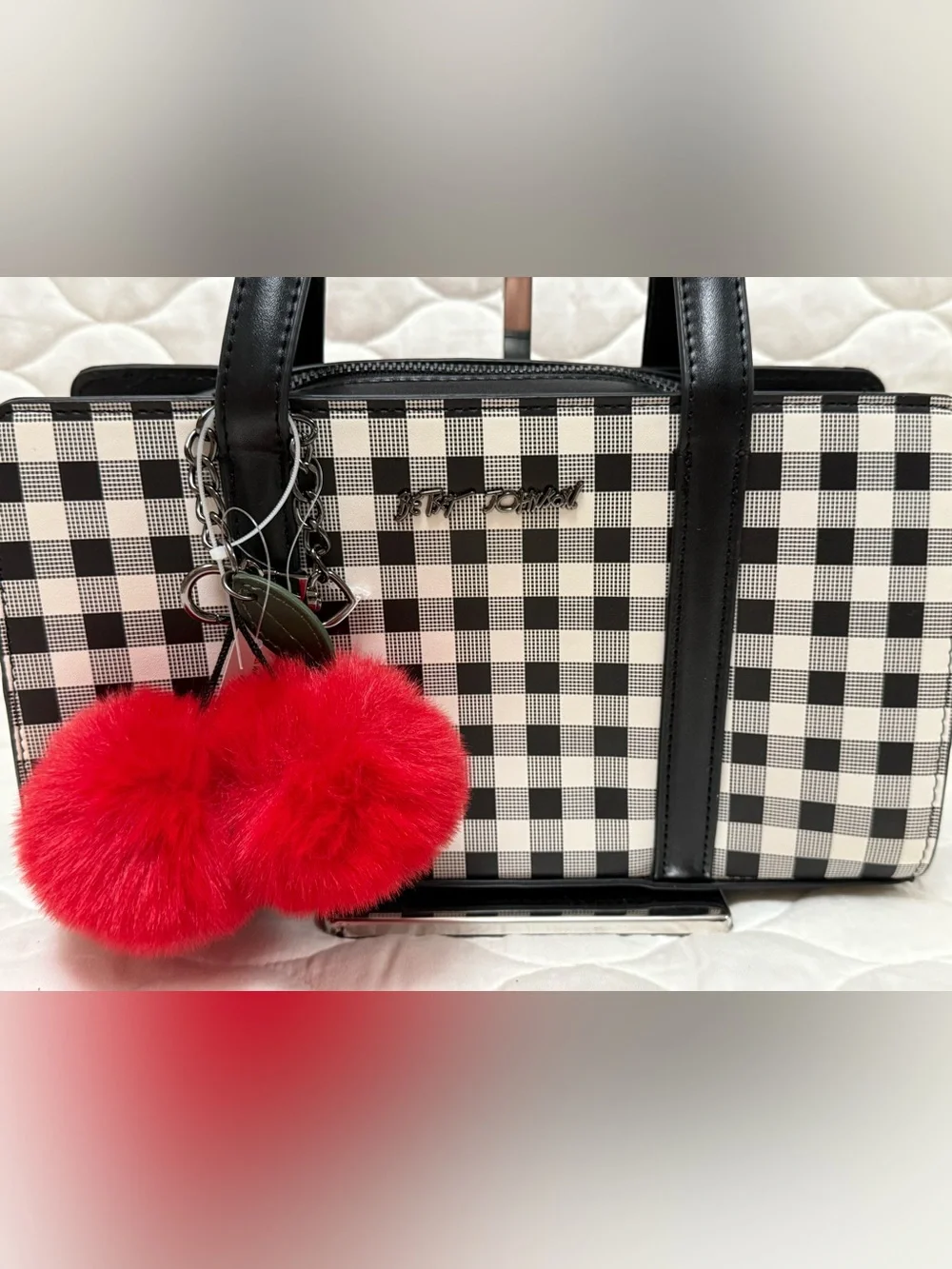 Betsey Johnson Black & White Gingham Tote with Red Pom Pom Charm